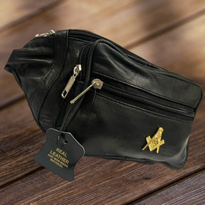 Master Mason Blue Lodge Waist Bag - Genuine Leather 24k Gold Clad Emblem