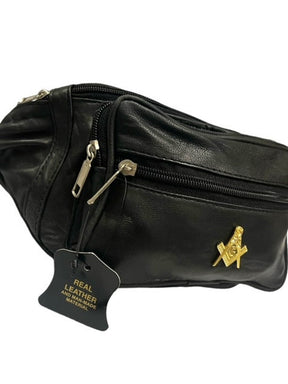 Master Mason Blue Lodge Waist Bag - Genuine Leather 24k Gold Clad Emblem
