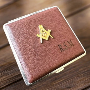Master Mason Blue Lodge Cigarette Case - Personalised Leather Case Metal Gold Emblem