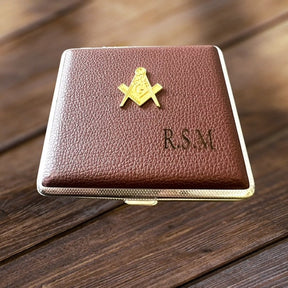 Master Mason Blue Lodge Cigarette Case - Personalised Leather Case Metal Gold Emblem