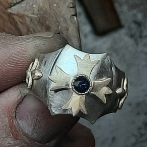 Order Of Malta Ring - Gold & Blue green Sapphire