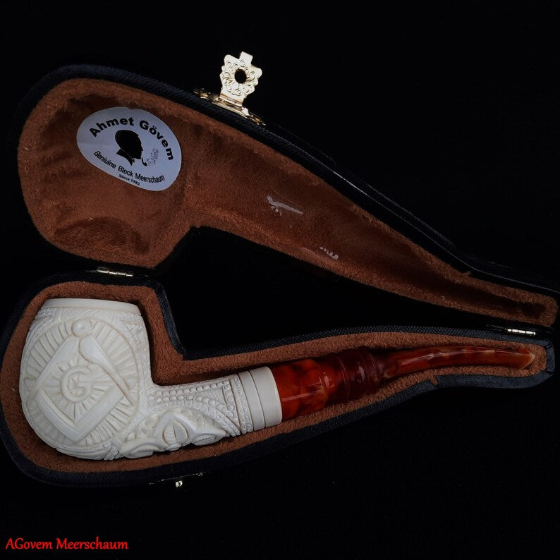 Master Mason Blue Lodge Meerschaum Pipe - Natural Bee wax Square & Compass G