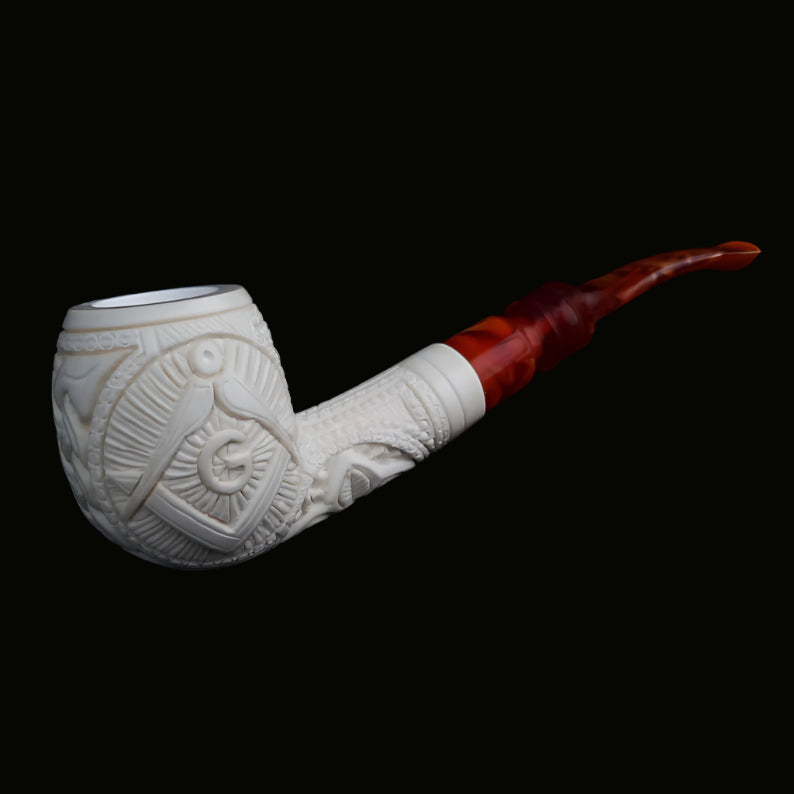 Master Mason Blue Lodge Meerschaum Pipe - Natural Bee wax Square & Compass G