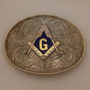 Master Mason Blue Lodge Belt Buckle - Blue & Silver Square Compass G Hand Engraved