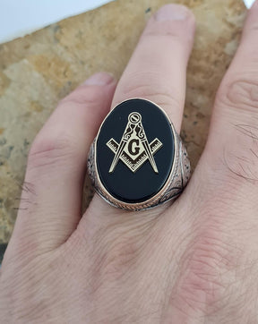 Master Mason Blue Lodge Ring - Sterling Silver Onyx - Bricks Masons