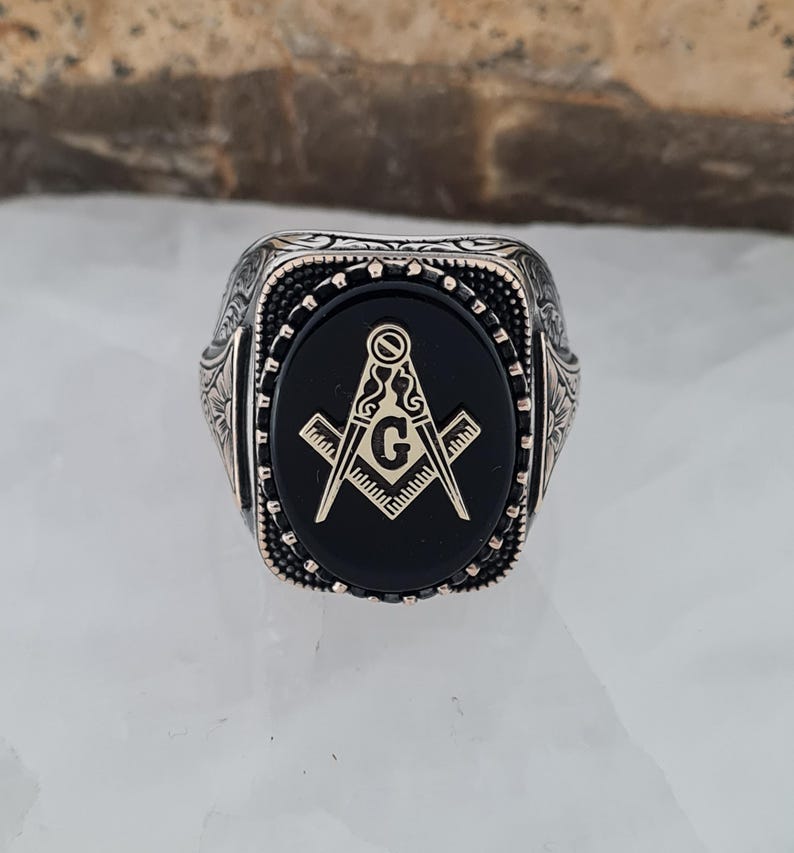 Master Mason Blue Lodge Ring - Handmade Sterling Silver Black Onyx - Bricks Masons