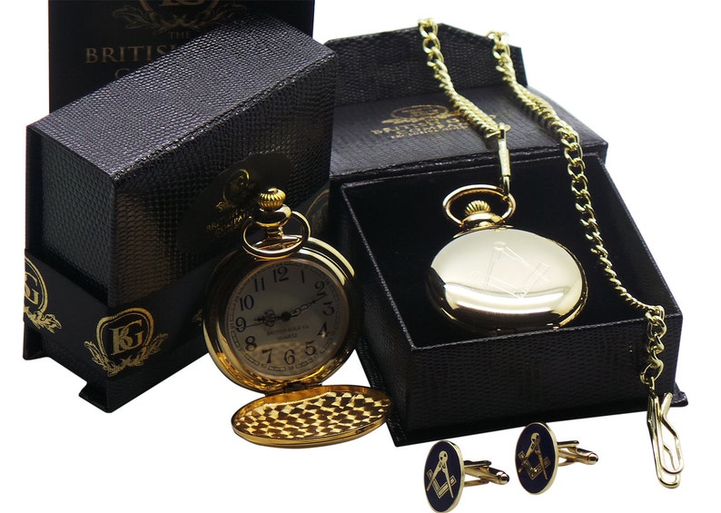 Master Mason Blue Lodge Pocket Watch - Full Hunter Gift Set with Cufflinks & Certificate - Bricks Masons