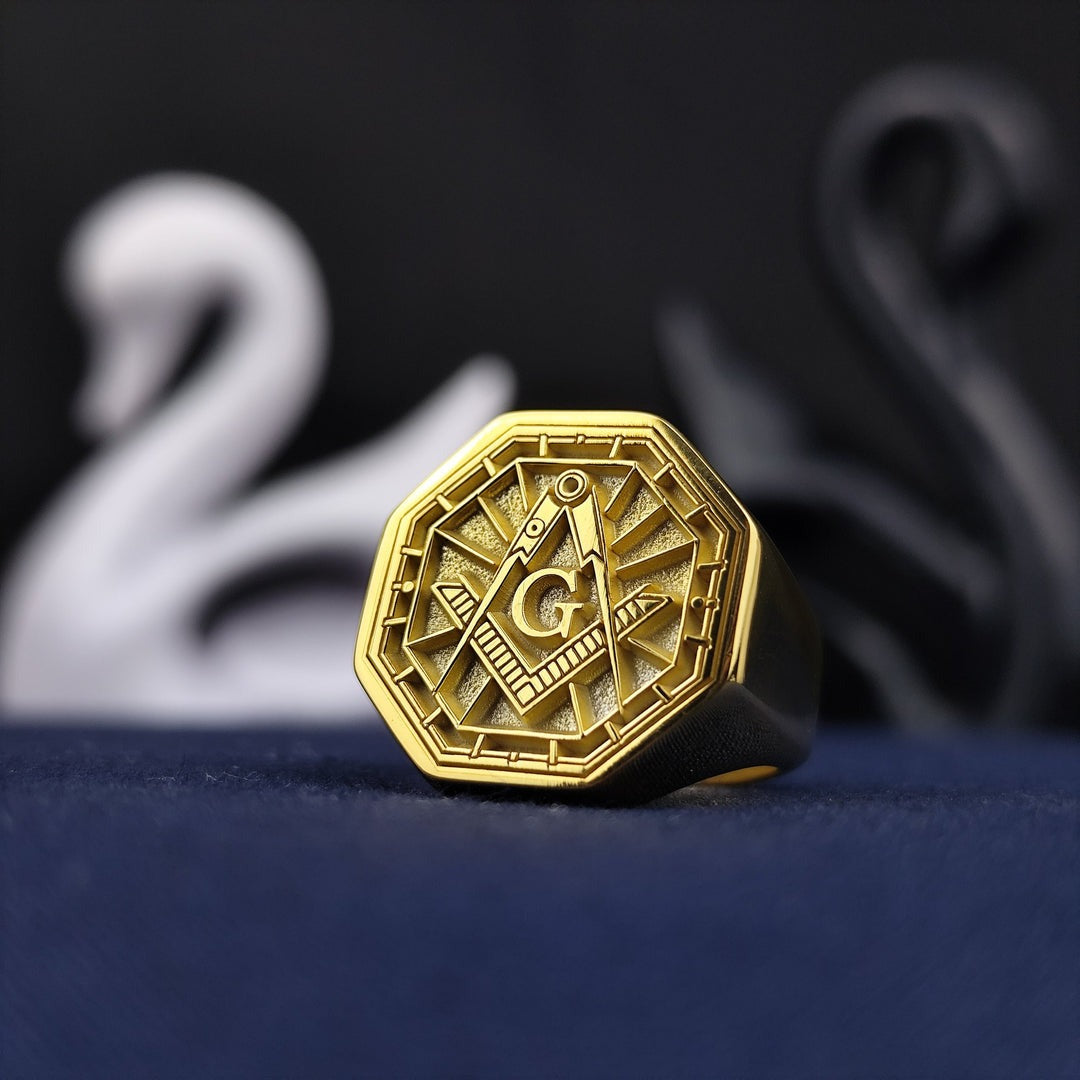 Master Mason Blue Lodge Ring - Octagon Gold Plated S & C With G Customizable - Bricks Masons