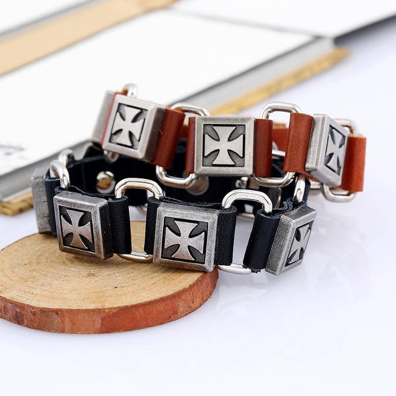 Knights Templar Bracelet - Cross Leather (Black/Brown) - Bricks Masons