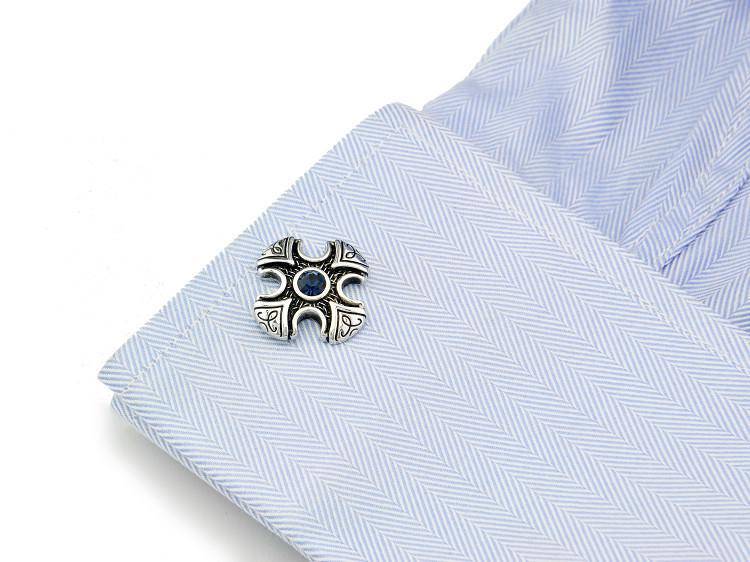 Knights Templar Cufflink - Electroplated Blue Rhinestone Cross - Bricks Masons