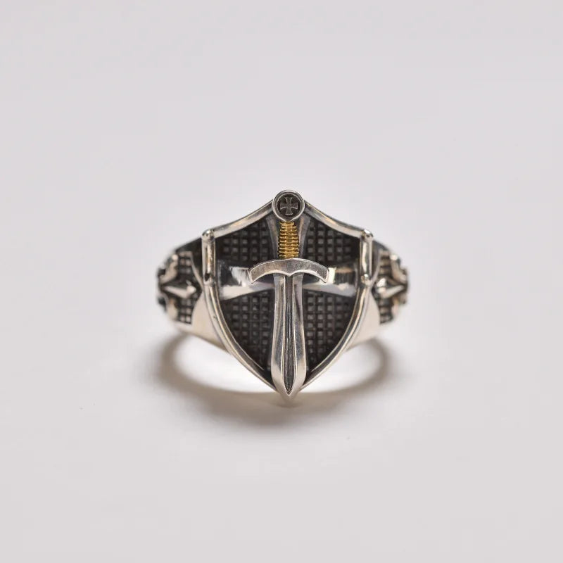 Knights Templar Ring - Silver Zinc Alloy Templar Sword & Shield - Bricks Masons