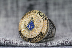 Master Mason Blue Lodge Ring - White Gold Plated & 18k Yellow Gold Face - Bricks Masons
