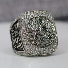 Past Master Blue Lodge Ring - White Gold Plated With Rhinestones - Bricks Masons