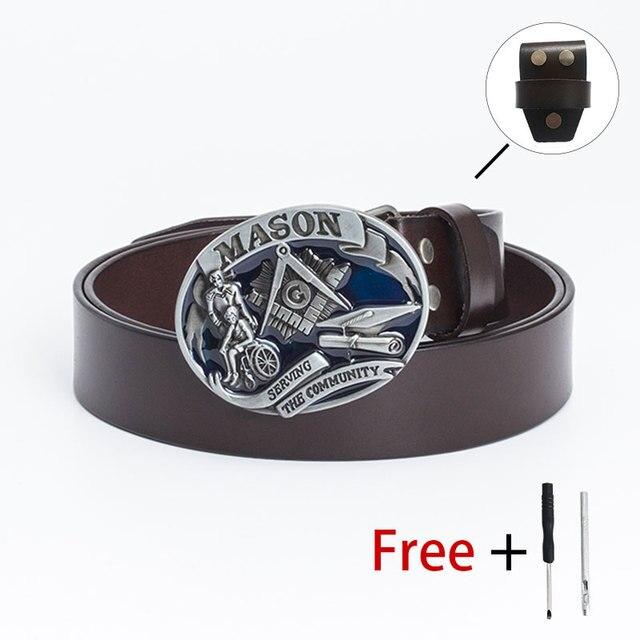 Master Mason Blue Lodge Belt - Serving The Community Square & Compass G (Coffee/Black) - Bricks Masons