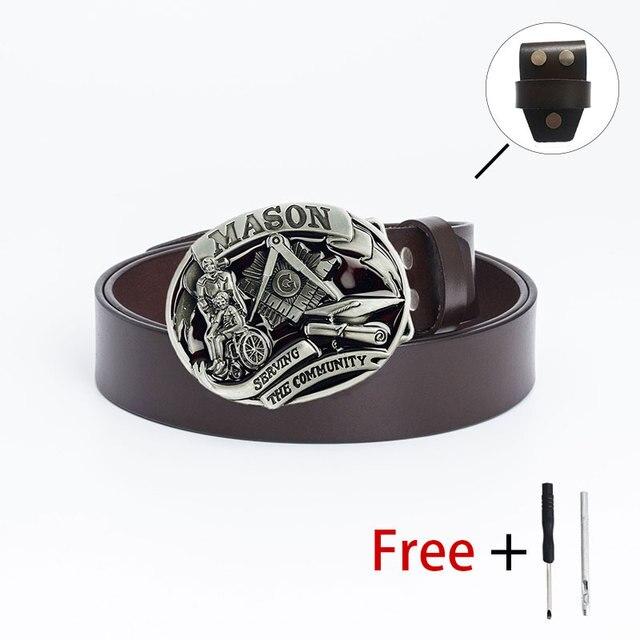 Master Mason Blue Lodge Belt - Serving The Community Square & Compass G (Coffee/Black) - Bricks Masons