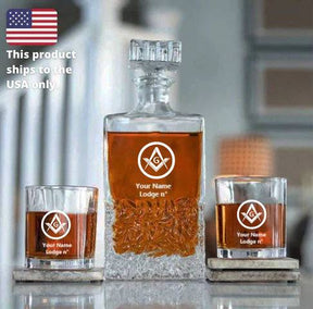 Master Mason Blue Lodge Decanter - 2 Tumbler Glasses Set - Bricks Masons