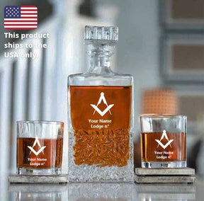 Master Mason Blue Lodge Decanter - 2 Tumbler Glasses Set - Bricks Masons