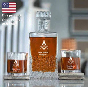 Master Mason Blue Lodge Decanter - 2 Tumbler Glasses Set - Bricks Masons