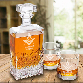 Master Mason Blue Lodge Decanter - 2 Tumbler Glasses Set - Bricks Masons
