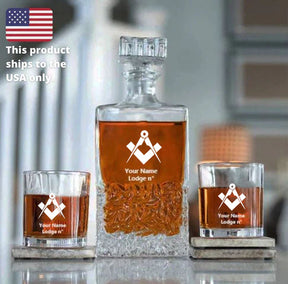 Master Mason Blue Lodge Decanter - 2 Tumbler Glasses Set - Bricks Masons