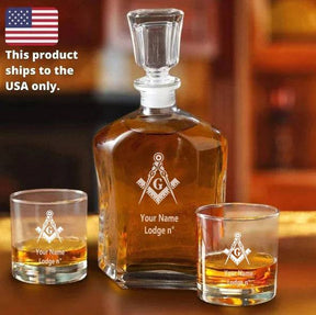 Master Mason Blue Lodge Decanter - 2 Whiskey Tumbler Glasses Set - Bricks Masons
