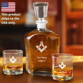 Master Mason Blue Lodge Decanter - 2 Whiskey Tumbler Glasses Set - Bricks Masons