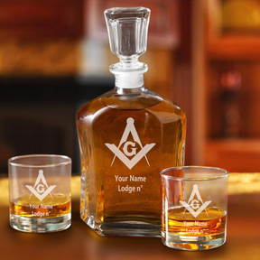 Master Mason Blue Lodge Decanter - 2 Whiskey Tumbler Glasses Set - Bricks Masons