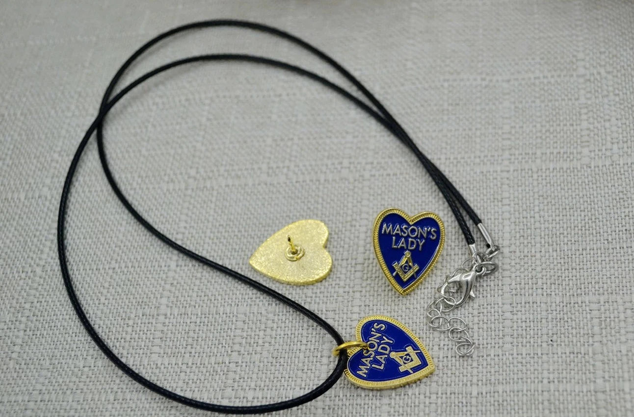 Master Mason Blue Lodge Necklace - Gold & Blue Plated MASON'S LADY Square and Compass G With Leather Chain