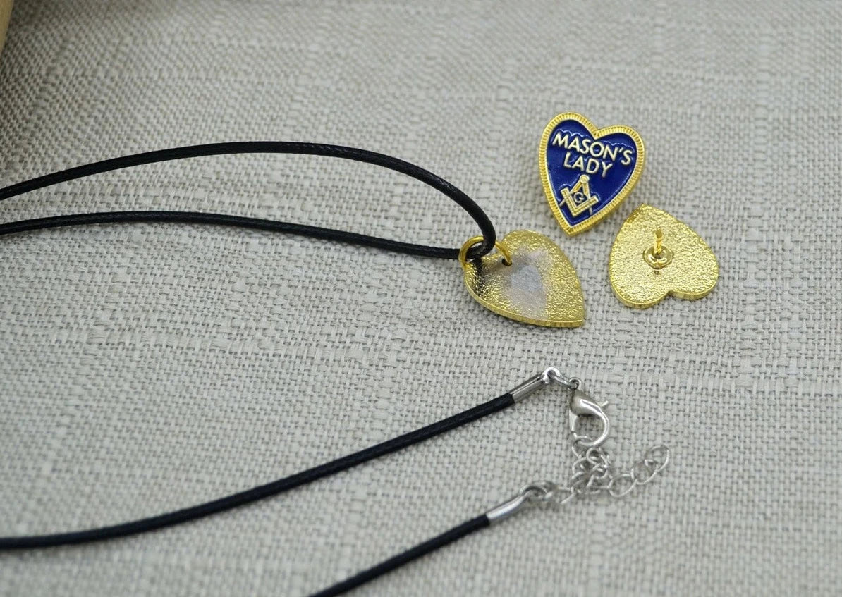 Master Mason Blue Lodge Necklace - Gold & Blue Plated MASON'S LADY Square and Compass G With Leather Chain