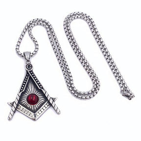 Master Mason Blue Lodge Pendant - Silver Titanium Steel Red Stone - Bricks Masons