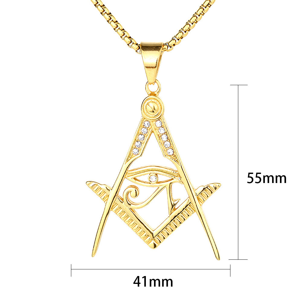 Master Mason Blue Lodge Pendant - Titanium Steel Gold Plated Square & Compass With Eye Of Horus - Bricks Masons
