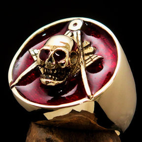 Master Mason Blue Lodge Ring - Gold & Red Brass With Skull Square and Compass - Bricks Masons