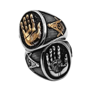 Master Mason Blue Lodge Ring - Hand Palm Stainless Steel - Bricks Masons