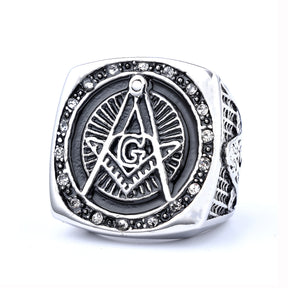 Master Mason Blue Lodge Ring - Square and Compass G Rhinestone - Bricks Masons