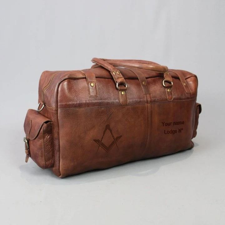 Master Mason Blue Lodge Travel Bag - Conker Brown Leather - Bricks Masons