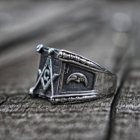 Master Mason Blue Lodge Ring - Square & Compass G/Sun and Moon Stainless Steel