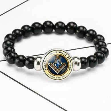 Master Mason Blue Lodge Bracelet - Compass & Square G Black Beads - Bricks Masons