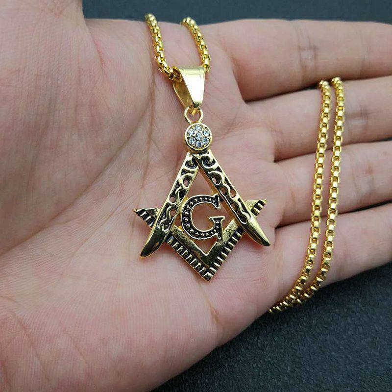 Master Mason Blue Lodge Necklace - Crystal Square & Compass G [Gold & Silver]