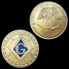 Master Mason Blue Lodge Coin - Faith Hope Charity Square Compass G Iron Copper Blue Plated