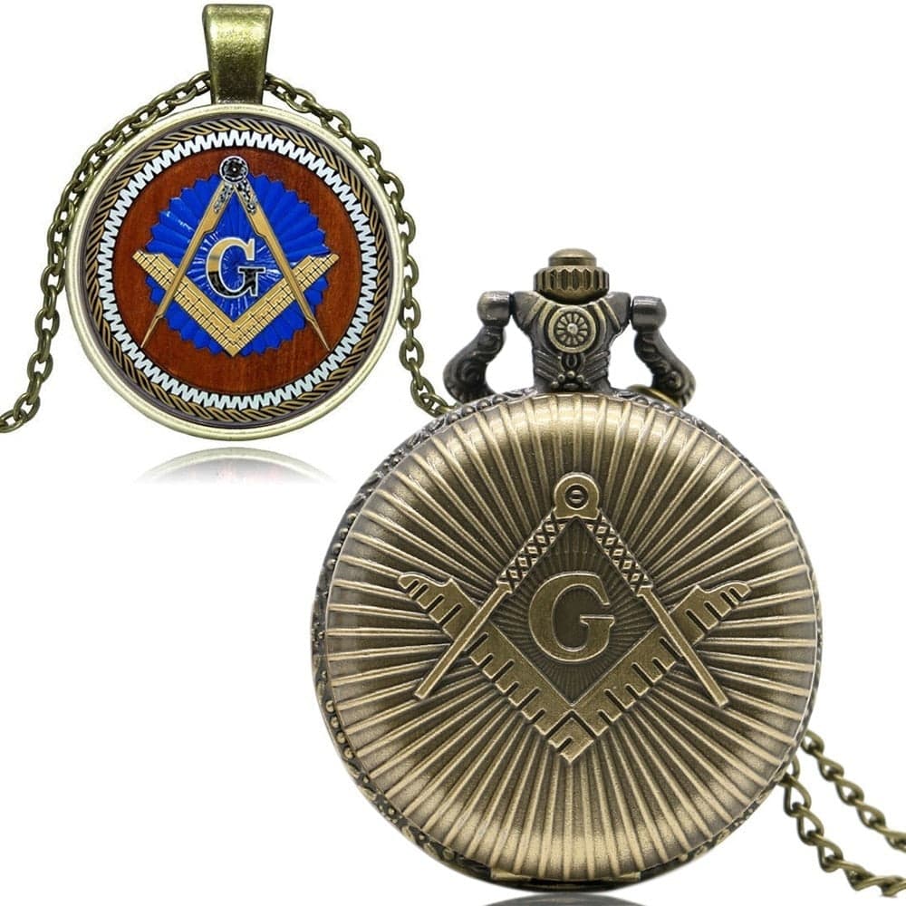 Master Mason Blue Lodge Pocket Watch - Antique Square and Compass G Bronze Quartz