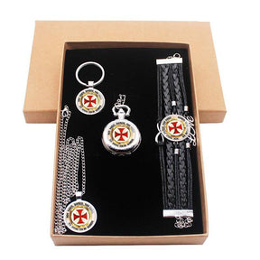 Knights Templar Commandery Pocket Watch - Cross Silver Jewelry Gift Set