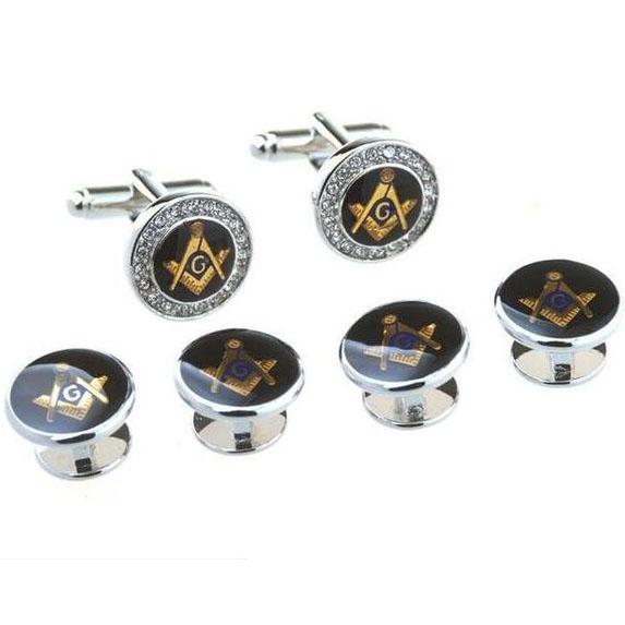 Master Mason Blue Lodge Tuxedo Stud - Silver Round Zirconia 6 Pieces Set