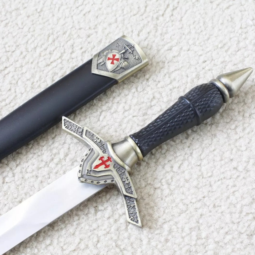 Knights Templar Sword - Brass Red Cross Crusader Shield With Black Scabbard (15.6") - Bricks Masons