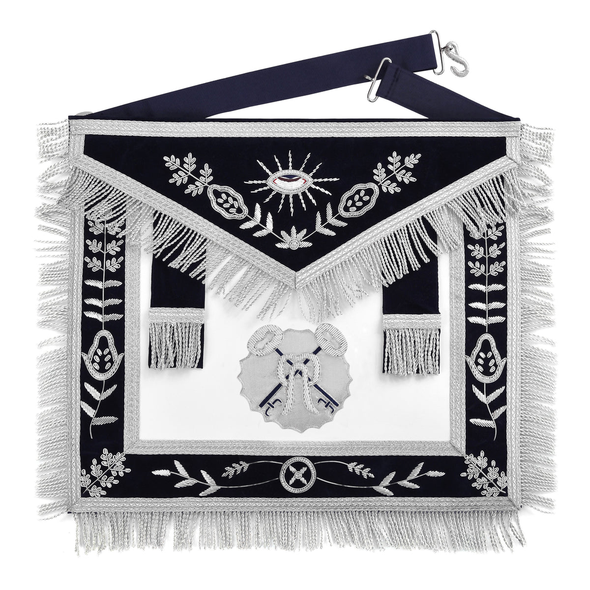 Treasurer Blue Lodge Officer Apron - Dark Blue With Silver Hand Embroidery Bullion - Bricks Masons