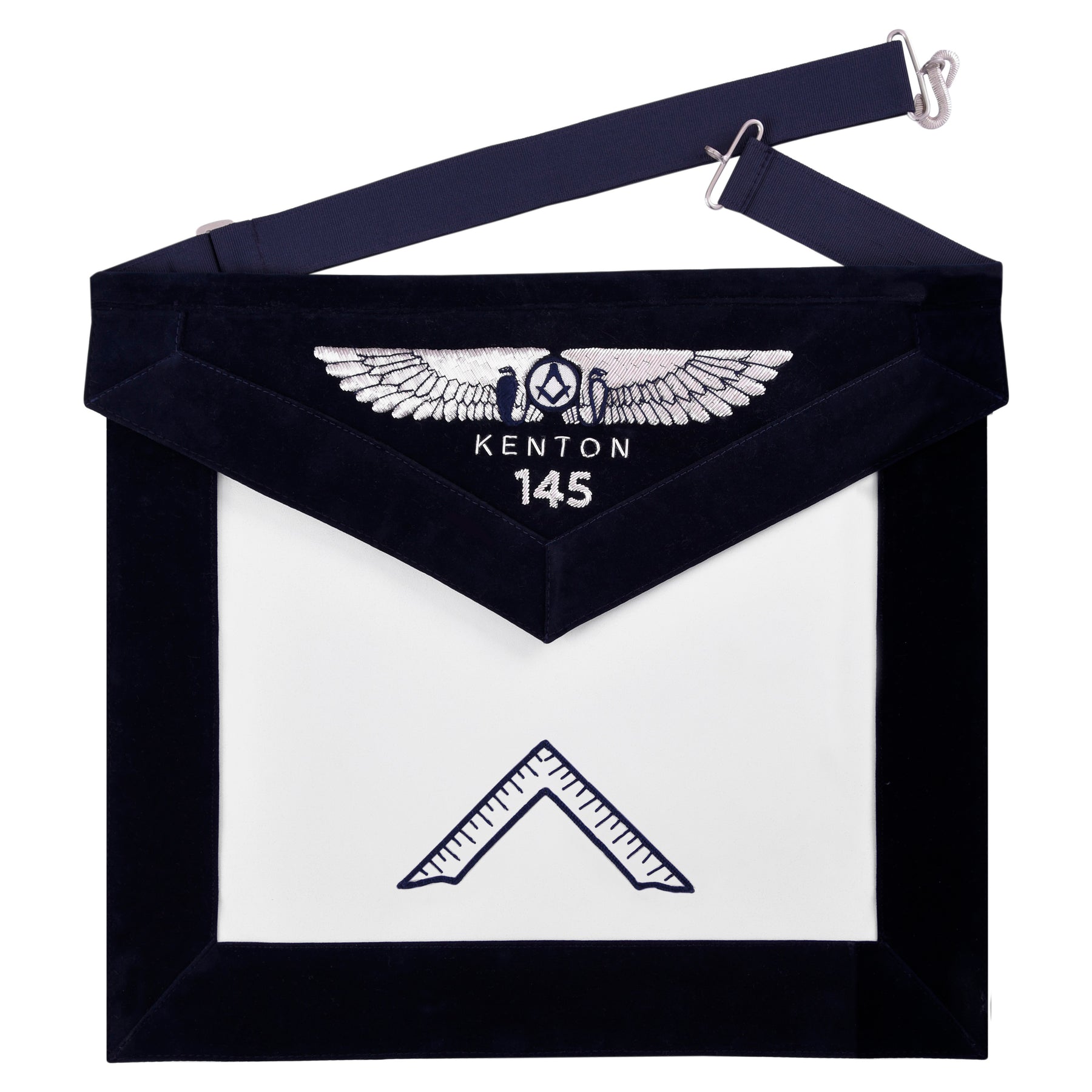 Worshipful Master Blue Lodge Officer Apron - Kenton Lodge Navy Velvet With Silver Embroidery Thread - Bricks Masons