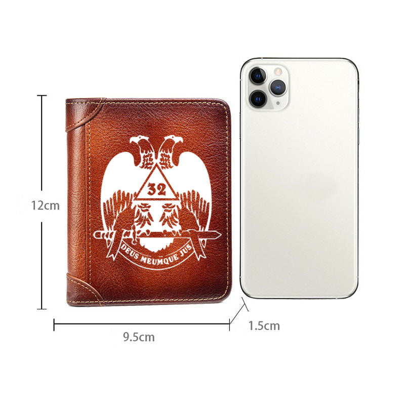 32nd Degree Scottish Rite Wallet - Wings Down Brown Leather - Bricks Masons