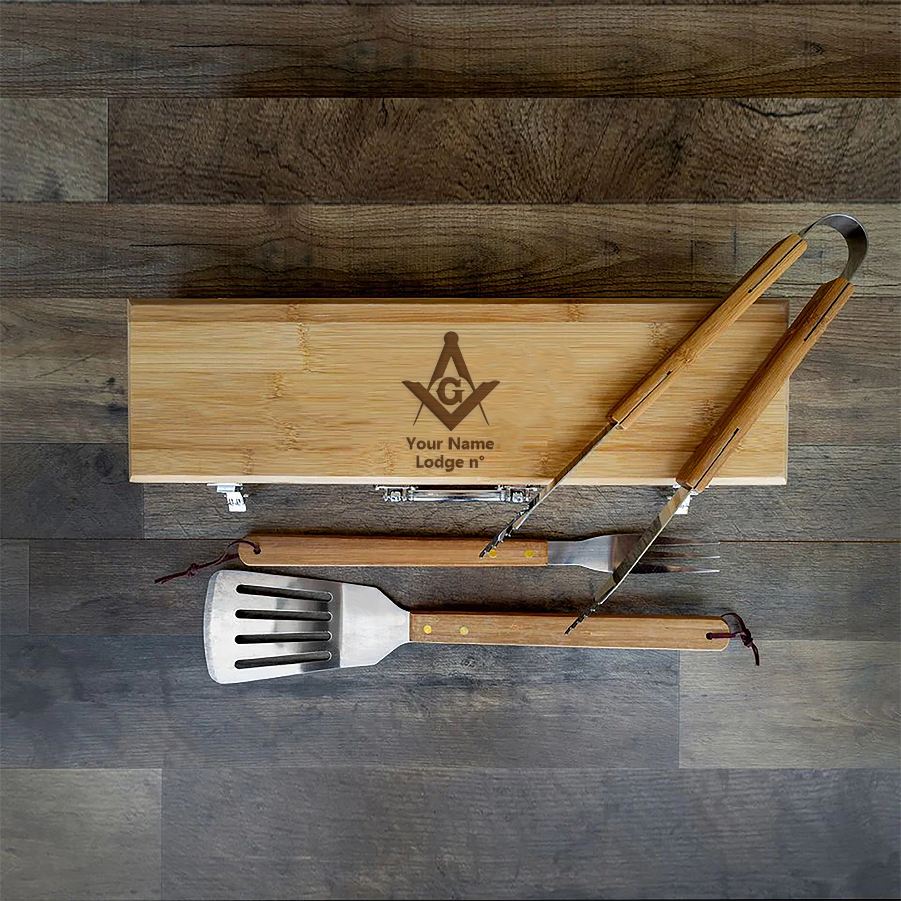 Master Mason Blue Lodge Grill Tool - BBQ Set & Bamboo Case - Bricks Masons