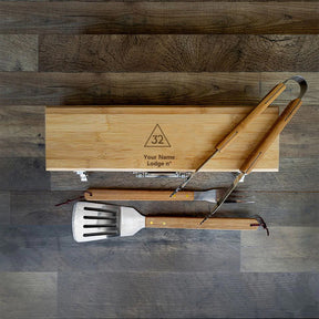 32nd Degree Scottish Rite Grill Tool - BBQ Set & Bamboo Case - Bricks Masons