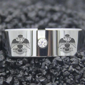 33rd Degree Scottish Rite Ring -  Wings Down Silver Pipe With CZ Stone - Bricks Masons