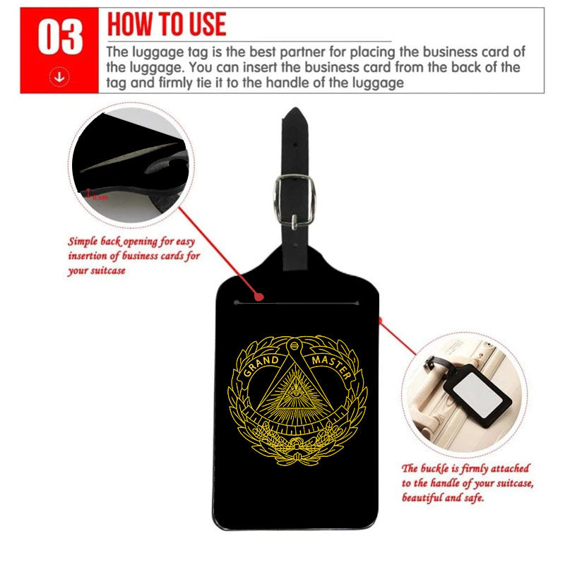 Grand Master Blue Lodge Luggage Tag - Black Leather - Bricks Masons